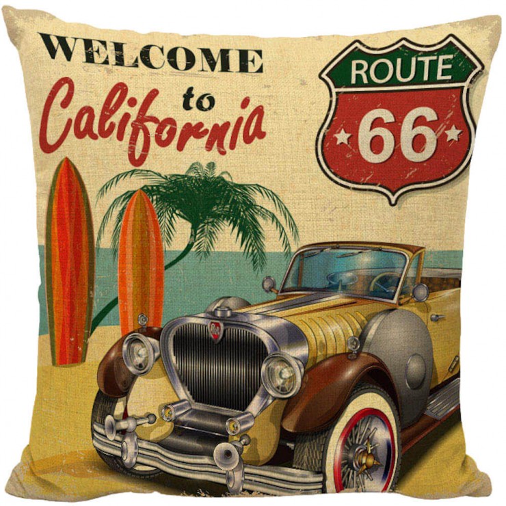 Throw pillows are to home design what jewelry are to fashion styling. vintage roadster welcome to california route 66 decorative pillow