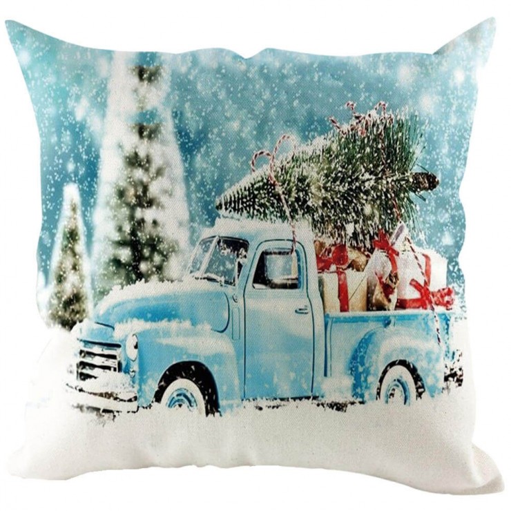 Blue Vintage Truck Christmas Tree And Gifts Decorative Throw