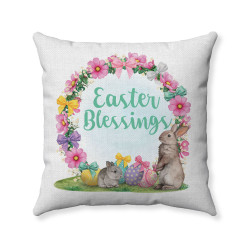 Easter Blessings - Floral Bunny Wreath - Decorative Throw Pillow - White