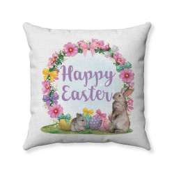 Happy Easter - Floral Bunny Wreath - Decorative Throw Pillow