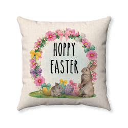 Hoppy Easter - Floral Bunny Wreath - Decorative Throw Pillow - Wheat