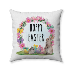 Hoppy Easter - Floral Bunny Wreath - Decorative Throw Pillow - White