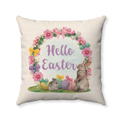 Hello Easter - Floral Bunny Wreath - Decorative Throw Pillow - Wheat