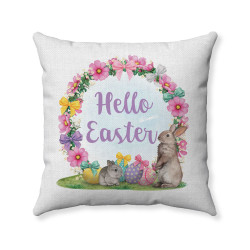 Hello Easter - Floral Bunny Wreath - Decorative Throw Pillow - White