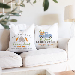 Easter Pillow Set - Pastel Blue Vintage Truck - Carrot Patch - White - Polyester Linen - Decorative Throw Pillow Cover Set