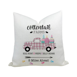 Cottontail Farms - Egg Hunt - Pink Plaid Vintage Truck - Decorative Throw Pillow - White