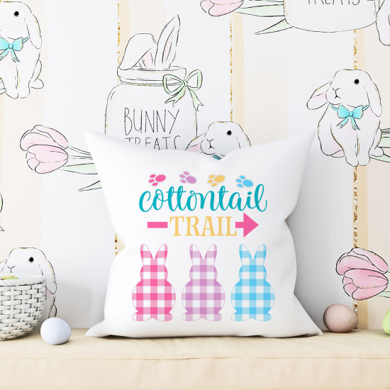 Cottontail Trail - Farmhouse Easter - Pastel Gingham Plaid Bunny Cutouts - Decorative Throw Pillow