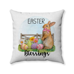 Easter Blessings - Spring Floral - Bunny Rabbit - Painted Easter Egss - Decorative Throw Pillow