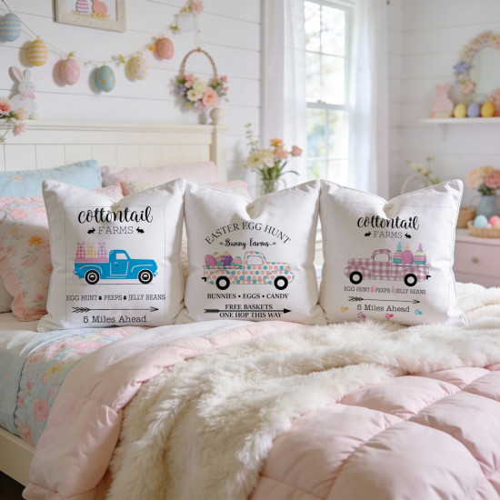 Cottontail Farms - Egg Hunt - Pink Plaid Vintage Truck - Decorative Throw Pillow - White
