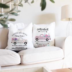 Cottontail Farms - Egg Hunt - Pink Plaid Vintage Truck - Decorative Throw Pillow - White