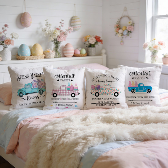 Cottontail Farms - Egg Hunt - Pink Plaid Vintage Truck - Decorative Throw Pillow - White