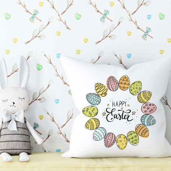 Happy Easter - Painted Eggs Wreath - Decorative Throw Pillow