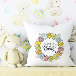 Happy Easter - Painted Eggs Wreath With Floral Accents - Decorative Throw Pillow