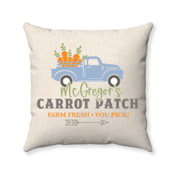 Farmhouse Easter - Pastel Blue Vintage Truck - Carrot Patch - Wheat Polyester Linen - Decorative Throw Pillow