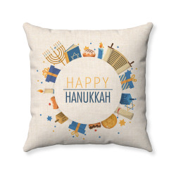 Hanukkah Pillow - Happy Hanukkah - Elements of Hanukkah Wreath - Natural - Decorative Throw Pillow