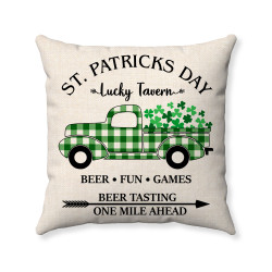 Happy St. Patrick's Day - Buffalo Check Plaid Vintage Truck - Decorative Throw Pillow - Wheat
