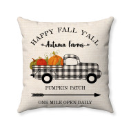 Farmhouse Style - Happy Fall Y'all - Plaid Accented Truck - Decorative Throw Pillow