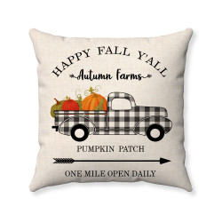 Farmhouse Style - Happy Fall Y'all - Plaid Accented Truck - Decorative Throw Pillow