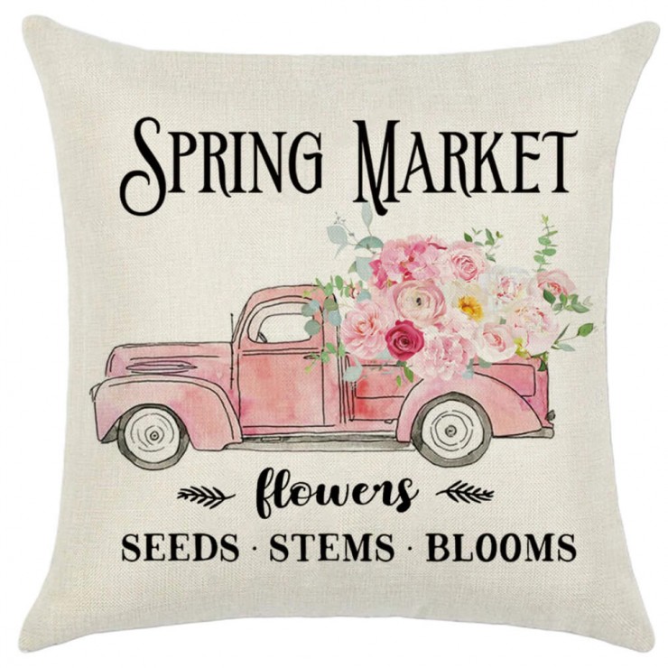 Spring Market Pastel Pink Vintage Truck Decorative Throw Pillow