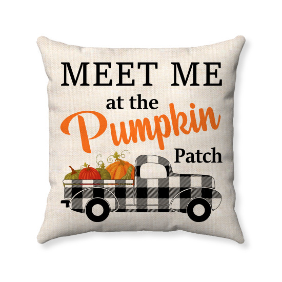 Farmhouse Style - Meet Me at the Pumpkin Patch - Plaid Accented Truck - Decorative Throw Pillow