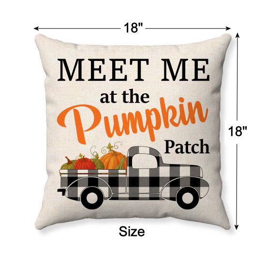 Farmhouse Style - Meet Me at the Pumpkin Patch - Plaid Accented Truck - Decorative Throw Pillow