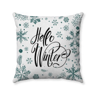Farmhouse Winter - Hello Winter  - Teal Snowflakes - White Polyester Linen - Decorative Throw Pillow Cover
