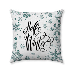 Farmhouse Winter - Hello Winter  - Snowflakes - Decorative Throw Pillow - Teal - White Polyester Linen