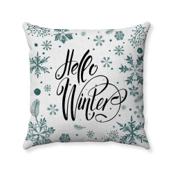 Farmhouse Winter - Hello Winter  - Teal Snowflakes - White Polyester Linen - Decorative Throw Pillow Cover