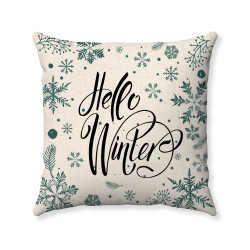 Farmhouse Winter - Hello Winter  - Teal Snowflakes - Wheat Polyester Linen - Decorative Throw Pillow Cover