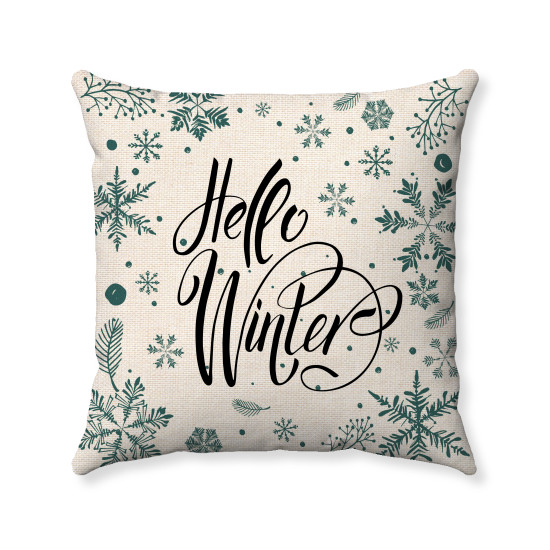 Farmhouse Winter - Hello Winter  - Snowflakes - Decorative Throw Pillow - Teal - Wheat Polyester Linen