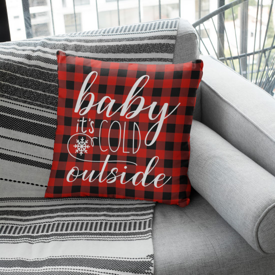 Baby Its Cold Outside - Christmas - Red and Black Buffalo Check Plaid - Hand Made -18x18 Inch - Decorative Throw Pillow Cover