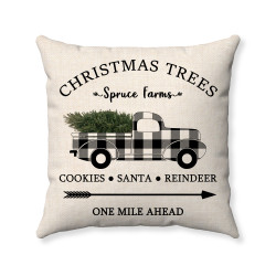 Christmas Trees - Spruce Farms - Black Buffalo Check Plaid Truck - Cotton Linen Decorative Throw Pillow