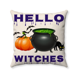 Hello Witches - Witch's Cauldron - Farmhouse Halloween - Decorative Throw Pillow 