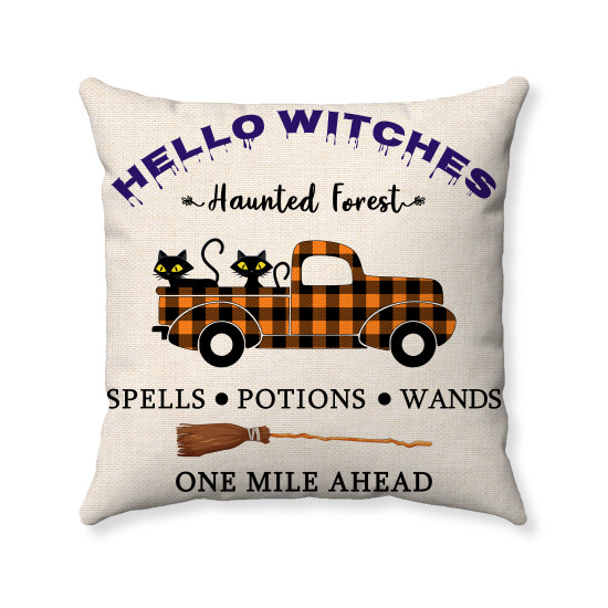 Hello Witches - Haunted Forest - Farmhouse Halloween - Decorative Throw Pillow 