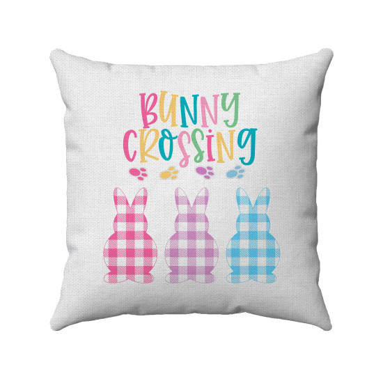 Bunny Crossing - Farmhouse Easter - Pastel Gingham Plaid Bunny Cutouts - Decorative Throw Pillow