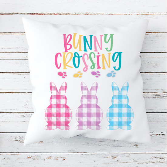 Bunny Crossing - Farmhouse Easter - Pastel Gingham Plaid Bunny Cutouts - Decorative Throw Pillow