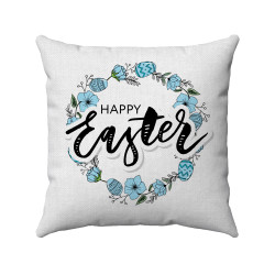 Happy Easter - Blue Floral Wreath - Decorative Throw Pillow