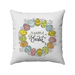 Happy Easter - Painted Eggs Wreath With Floral Accents - Decorative Throw Pillow