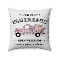 Spring Market - Pink and White Buffalo Check Plaid Vintage Truck - Decorative Throw Pillow - White