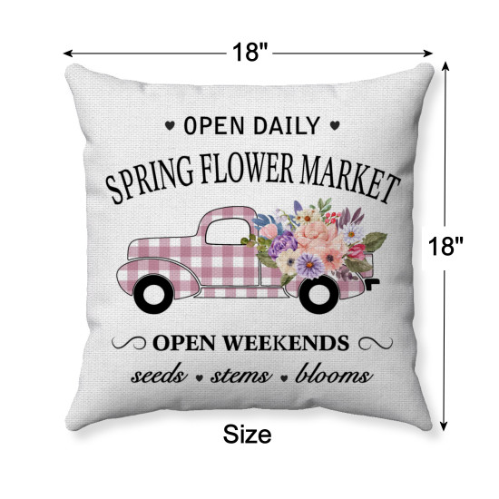 Spring Market - Pink and White Buffalo Check Plaid Vintage Truck - Decorative Throw Pillow - White