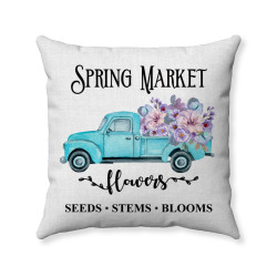 Spring Market - Blue Vintage Truck - Farmhouse Decorative Throw Pillow - White