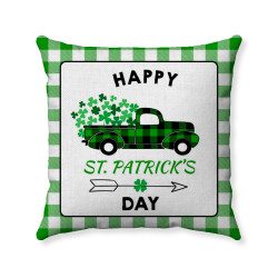 Happy St. Patrick's Day - Buffalo Check Plaid Border - Vintage Truck - Decorative Throw Pillow