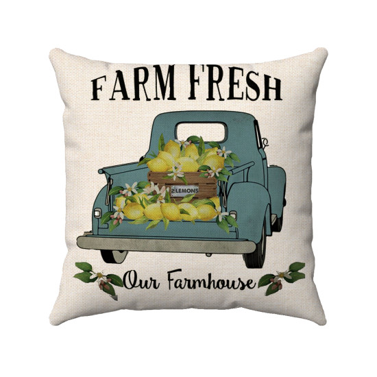 Our Farmhouse - Farm Fresh - Blue Vintage Truck - Fresh Lemons - Decorative Throw Pillow