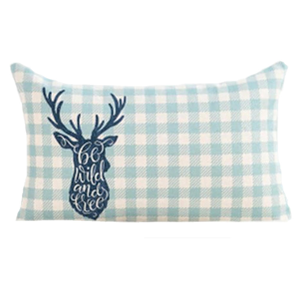 Reindeer Head Silhouette Typography Light Blue Plaid Decorative Throw Pillow Pillow Frenzy